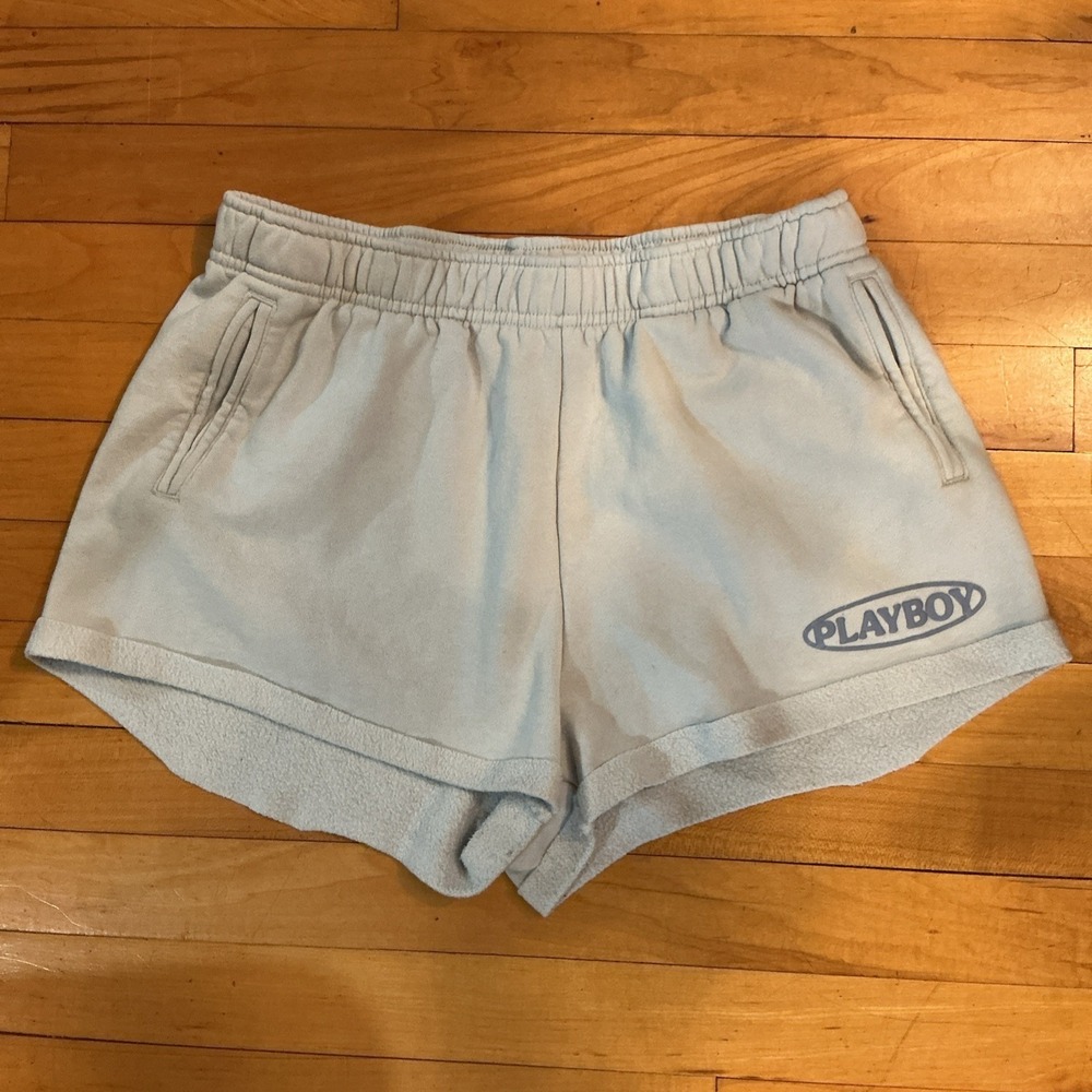 Playboy PacSun Sweat Shorts Womens Lt Blue Excellent Graphic Logo Fleece SIZE M